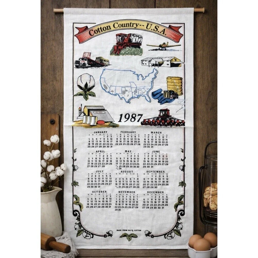 Vtg 1987 Kitchen Towel Calendar Cotton Production Farm Country 16x27 USA